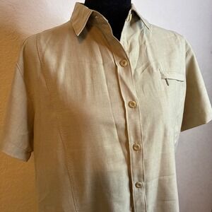 Woolrich Womens Large Shirt Khaki Tan Short Sleeve Button Up Safari Utility